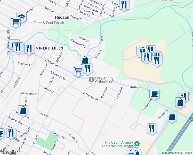 map of restaurants, bars, coffee shops, grocery stores, and more near 16 Huff St in Wilkes-Barre