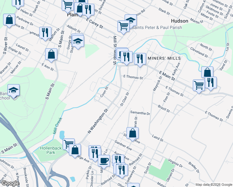 map of restaurants, bars, coffee shops, grocery stores, and more near 27-29 West Sidney Street in Wilkes-Barre