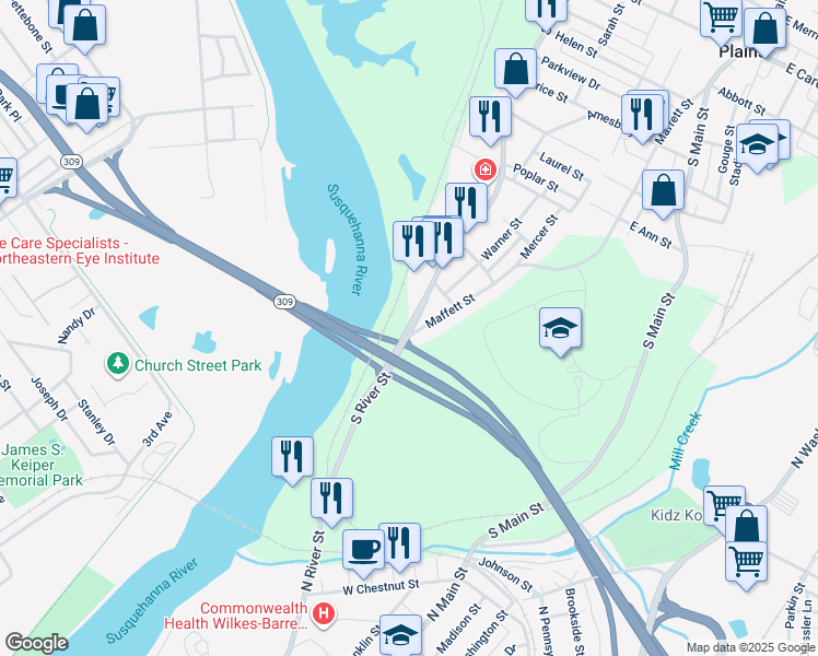 map of restaurants, bars, coffee shops, grocery stores, and more near 290 S River St in Luzerne
