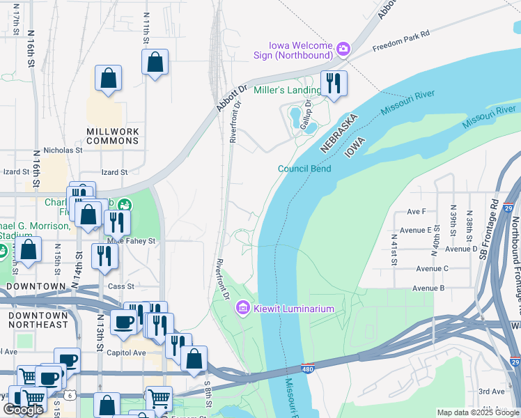 map of restaurants, bars, coffee shops, grocery stores, and more near 444 Riverfront Plaza in Omaha