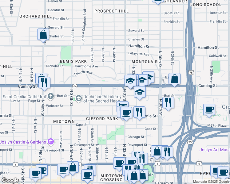 map of restaurants, bars, coffee shops, grocery stores, and more near 3313 Cuming Street in Omaha