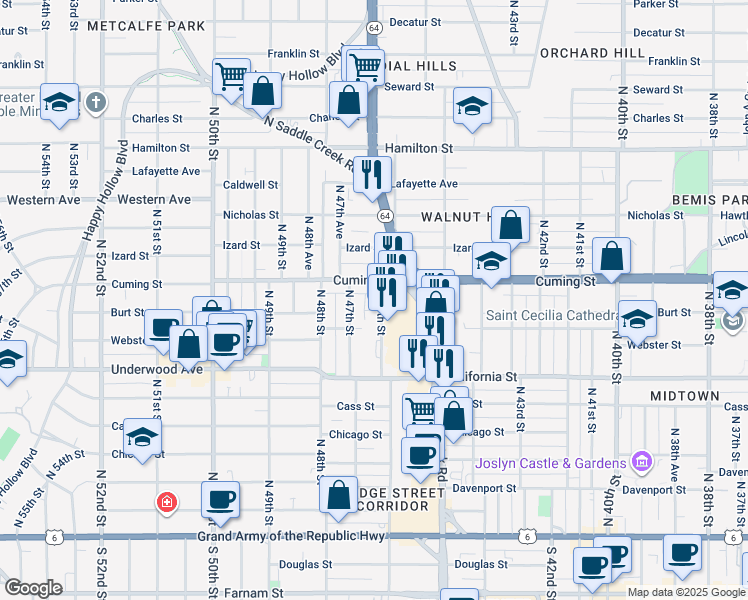 map of restaurants, bars, coffee shops, grocery stores, and more near 4622 Cuming Street in Omaha
