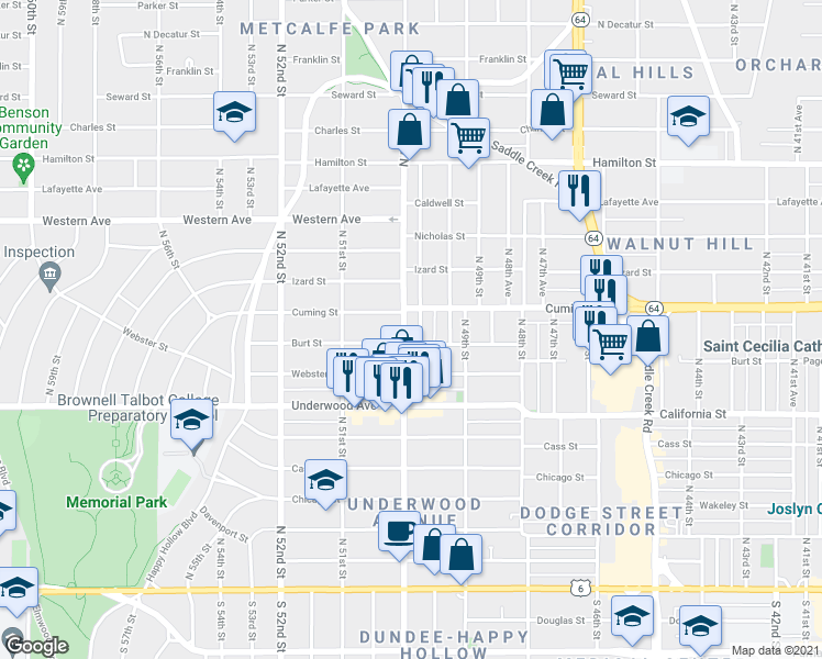 map of restaurants, bars, coffee shops, grocery stores, and more near 901 North 50th Avenue in Omaha