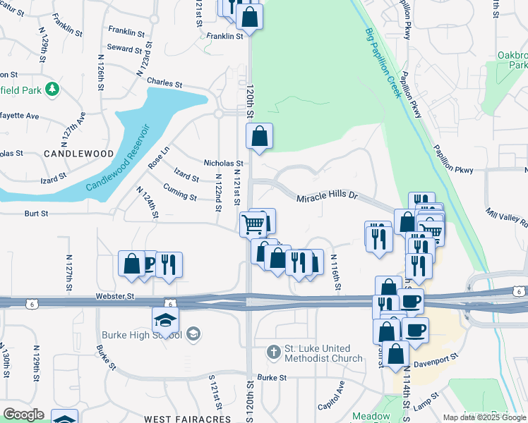 map of restaurants, bars, coffee shops, grocery stores, and more near 11837 Miracle Hills Drive in Omaha