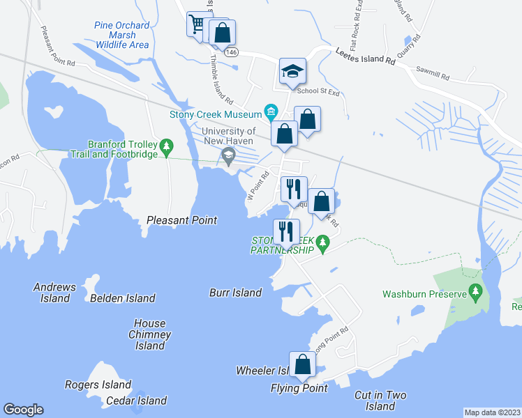 map of restaurants, bars, coffee shops, grocery stores, and more near 19 Halls Point Road in Branford