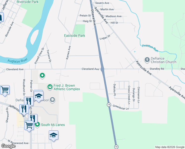 map of restaurants, bars, coffee shops, grocery stores, and more near 494 Cleveland Avenue in Defiance