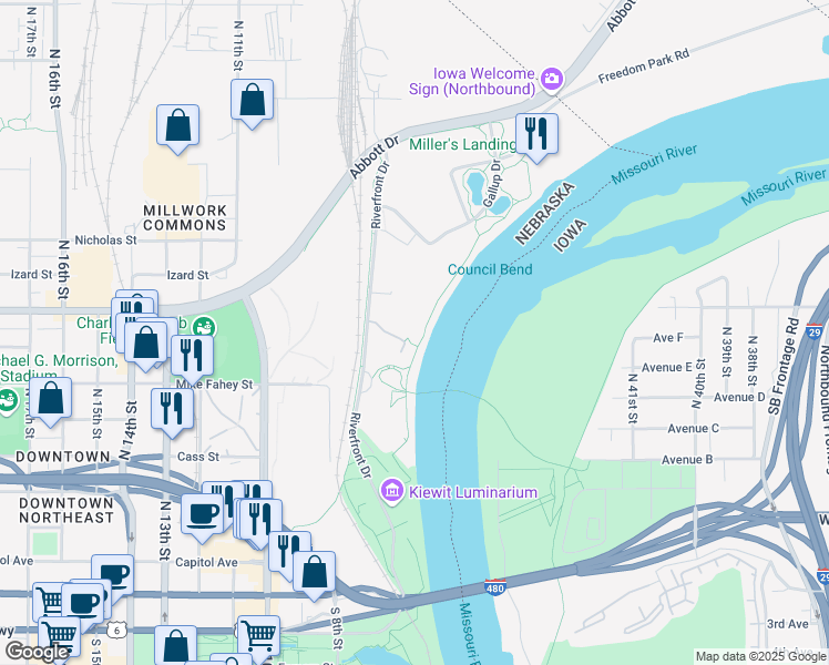 map of restaurants, bars, coffee shops, grocery stores, and more near 444 Riverfront Plaza in Omaha
