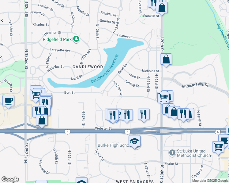 map of restaurants, bars, coffee shops, grocery stores, and more near 12418 Burt Plaza in Omaha