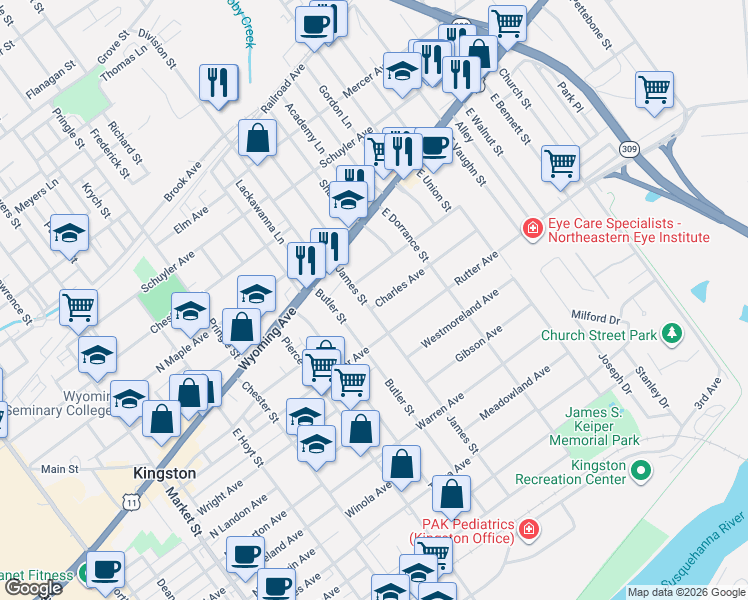 map of restaurants, bars, coffee shops, grocery stores, and more near 40 James Street in Kingston