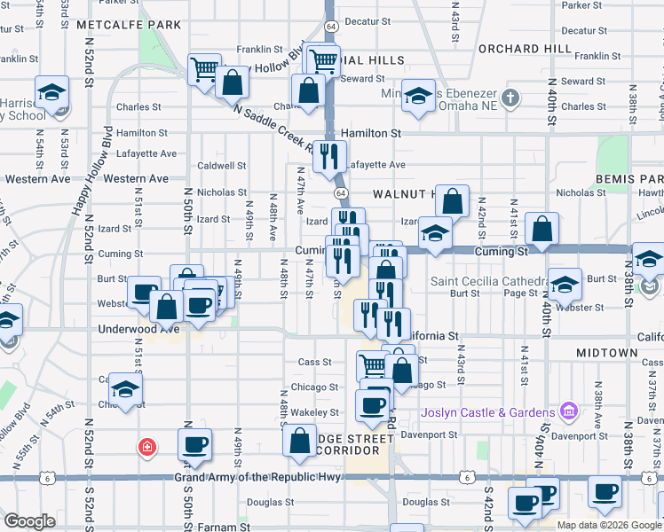 map of restaurants, bars, coffee shops, grocery stores, and more near 4622 Cuming Street in Omaha