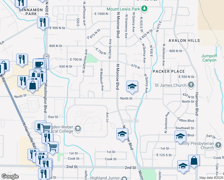 map of restaurants, bars, coffee shops, grocery stores, and more near 494 North Liberty Avenue in Ogden
