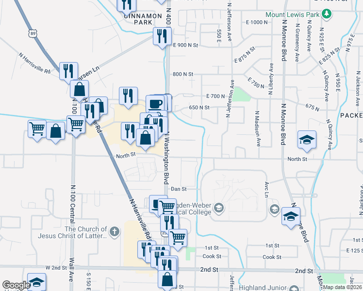 map of restaurants, bars, coffee shops, grocery stores, and more near 472 East 475 North in Ogden