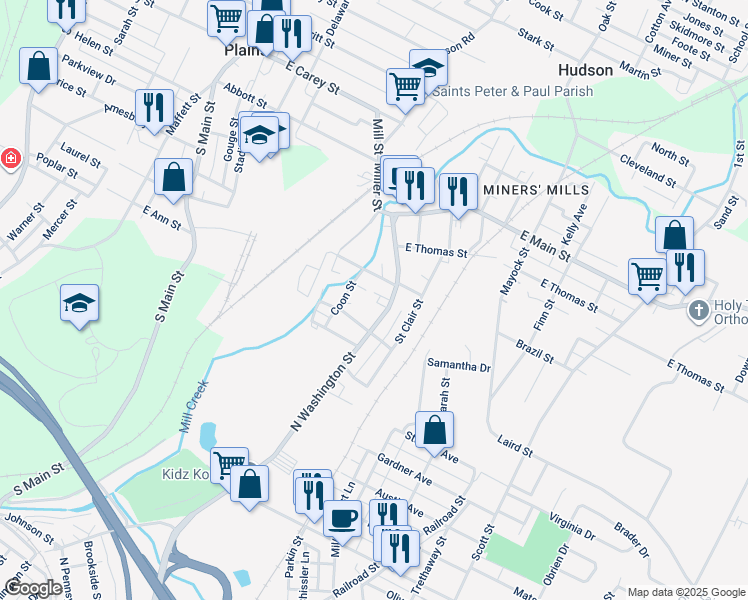map of restaurants, bars, coffee shops, grocery stores, and more near 27-29 West Sidney Street in Wilkes-Barre