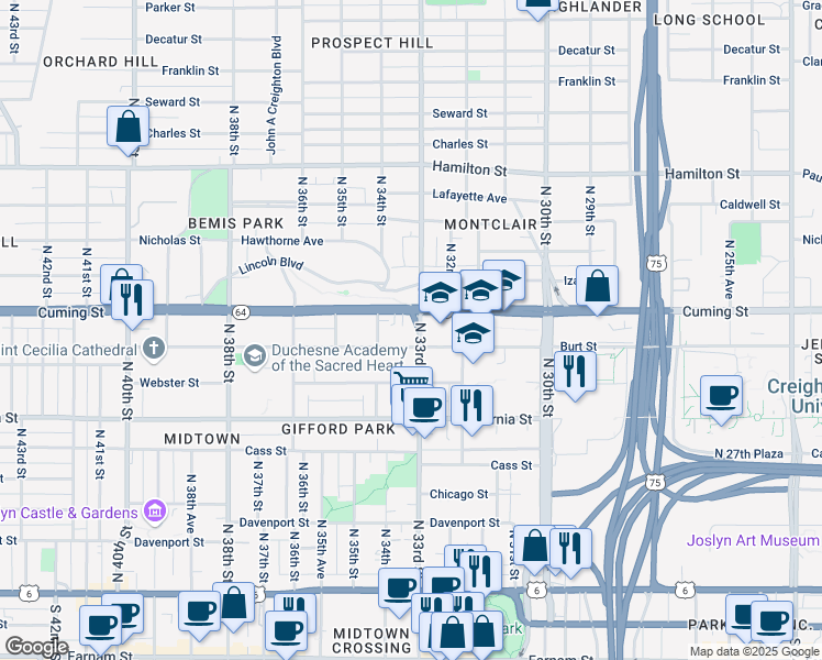 map of restaurants, bars, coffee shops, grocery stores, and more near 3313 Cuming Street in Omaha