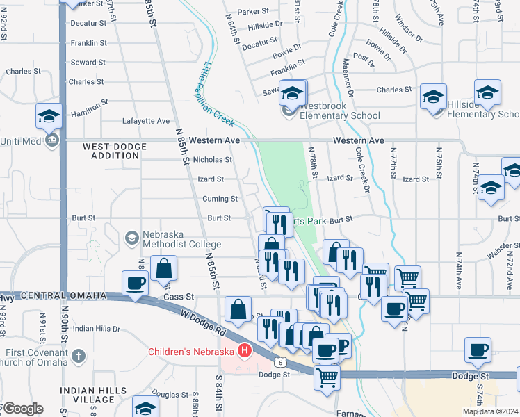 map of restaurants, bars, coffee shops, grocery stores, and more near 870 Burt Plaza in Omaha