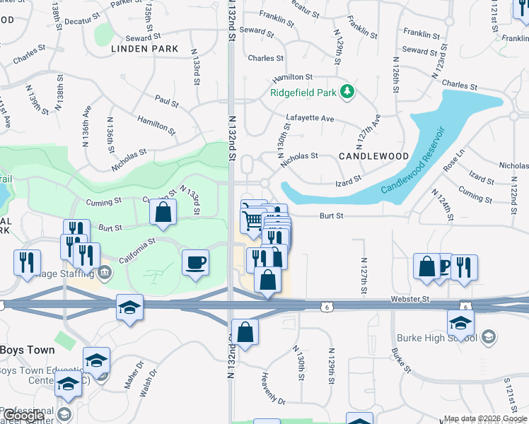 map of restaurants, bars, coffee shops, grocery stores, and more near 739 North 129th Court in Omaha
