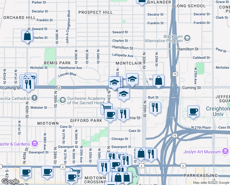 map of restaurants, bars, coffee shops, grocery stores, and more near 3230 Burt Street in Omaha