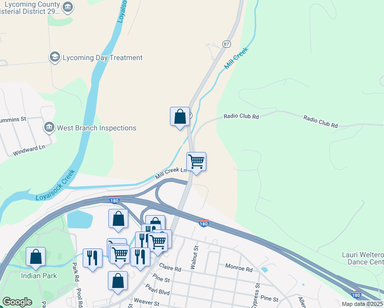 map of restaurants, bars, coffee shops, grocery stores, and more near 218 Loyalsock Avenue in Montoursville