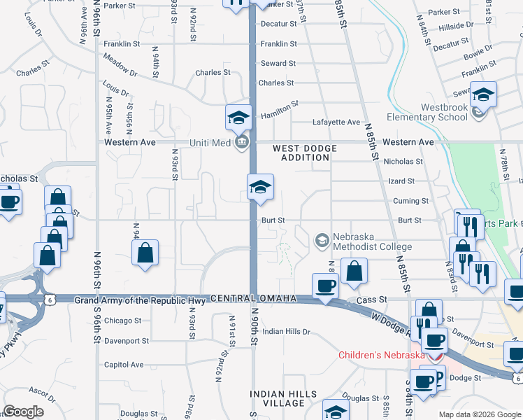 map of restaurants, bars, coffee shops, grocery stores, and more near in Omaha