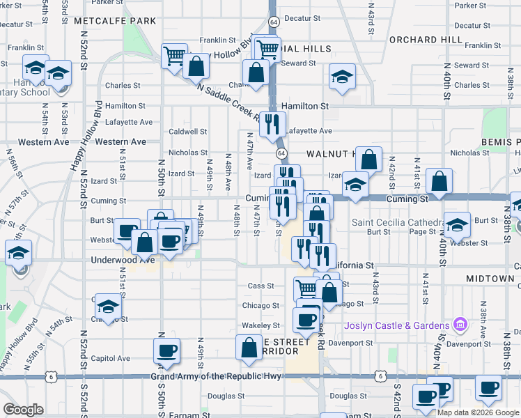 map of restaurants, bars, coffee shops, grocery stores, and more near 4622 Cuming Street in Omaha