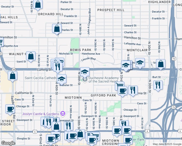 map of restaurants, bars, coffee shops, grocery stores, and more near in Omaha