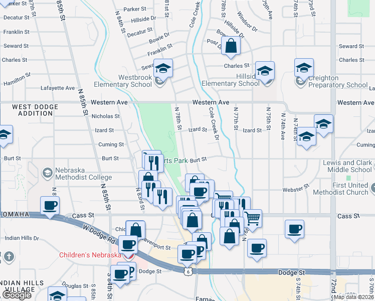 map of restaurants, bars, coffee shops, grocery stores, and more near 826 North 77th Avenue in Omaha