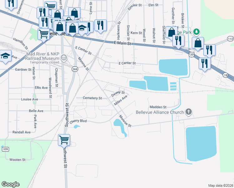 map of restaurants, bars, coffee shops, grocery stores, and more near 621 Dewey Street in Bellevue