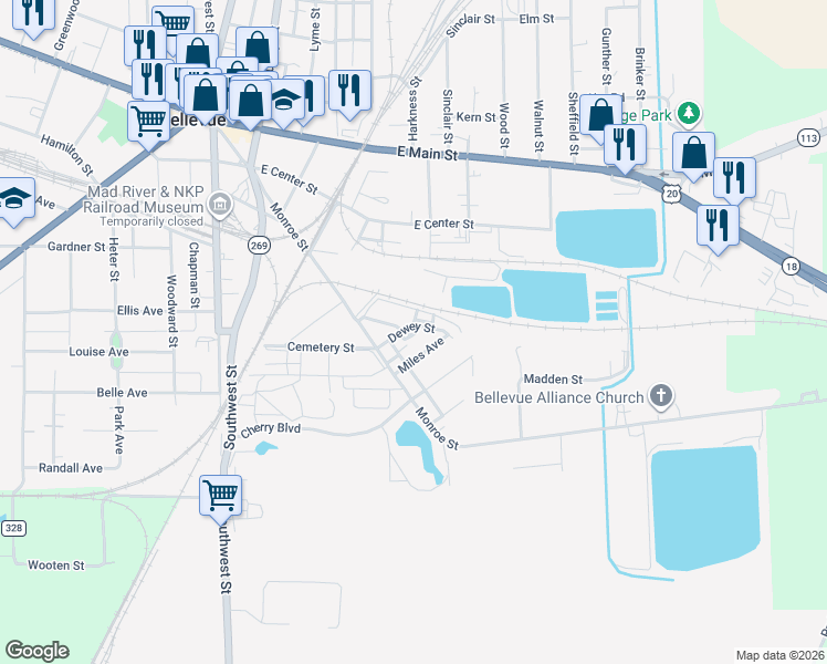 map of restaurants, bars, coffee shops, grocery stores, and more near 621 Dewey Street in Bellevue