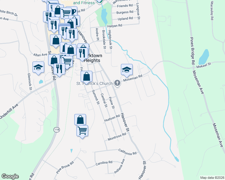 map of restaurants, bars, coffee shops, grocery stores, and more near 1699 Hanover Street in Yorktown Heights