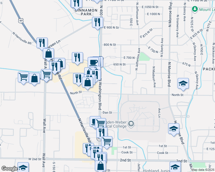 map of restaurants, bars, coffee shops, grocery stores, and more near 433 East 475 North in Ogden