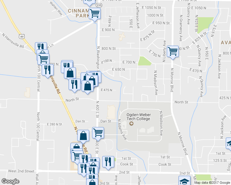 map of restaurants, bars, coffee shops, grocery stores, and more near 483 East 475 North in Ogden