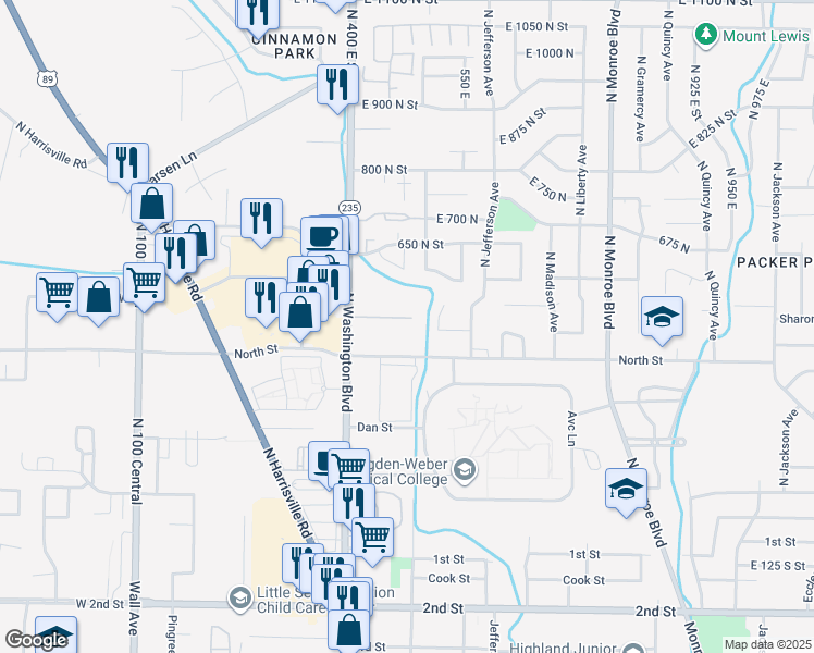 map of restaurants, bars, coffee shops, grocery stores, and more near 483 East 475 North in Ogden