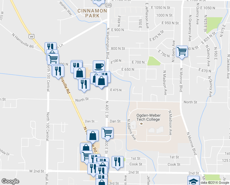 map of restaurants, bars, coffee shops, grocery stores, and more near 462 East 475 North in Ogden