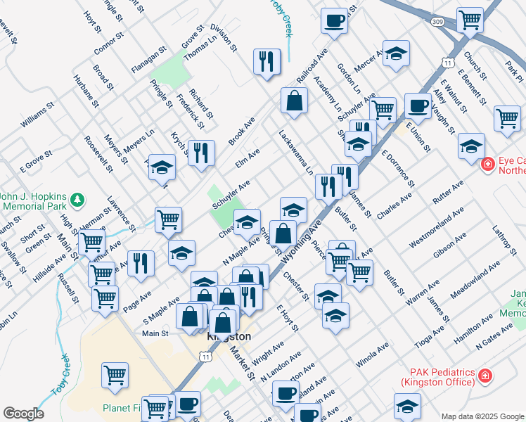 map of restaurants, bars, coffee shops, grocery stores, and more near 119-121 Pringle Street in Kingston