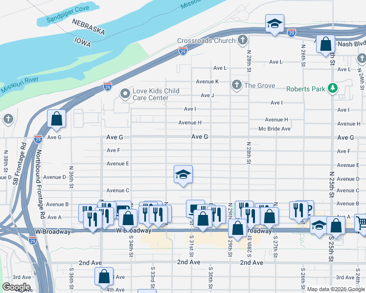 map of restaurants, bars, coffee shops, grocery stores, and more near 3109 Avenue G in Council Bluffs