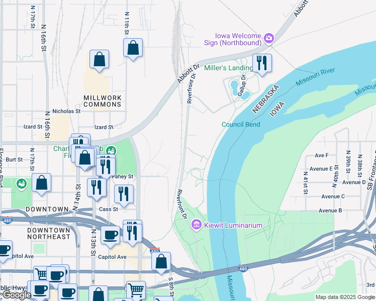 map of restaurants, bars, coffee shops, grocery stores, and more near 1001 Gallup Drive in Omaha