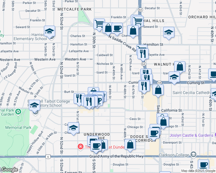 map of restaurants, bars, coffee shops, grocery stores, and more near 4908 Cuming Street in Omaha