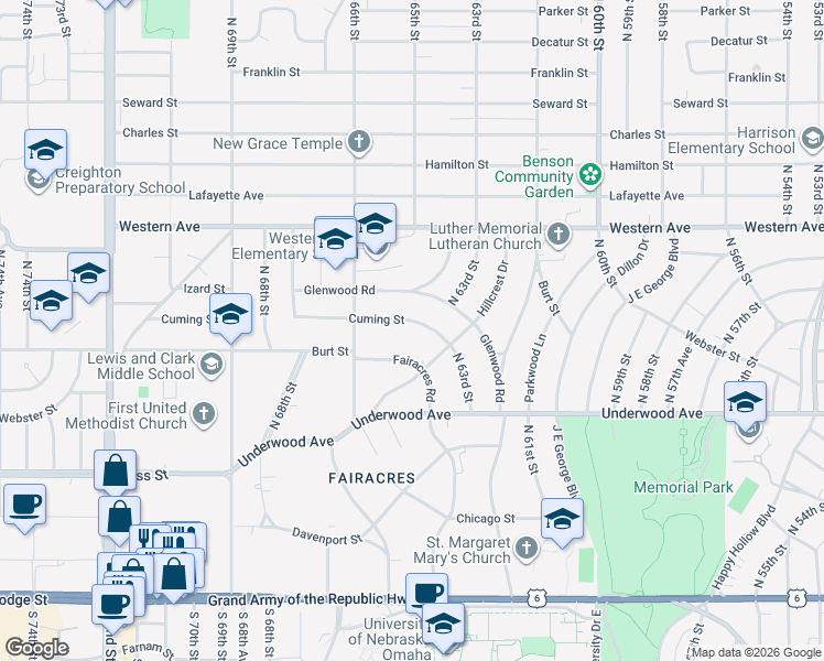 map of restaurants, bars, coffee shops, grocery stores, and more near 6468 Cuming Street in Omaha