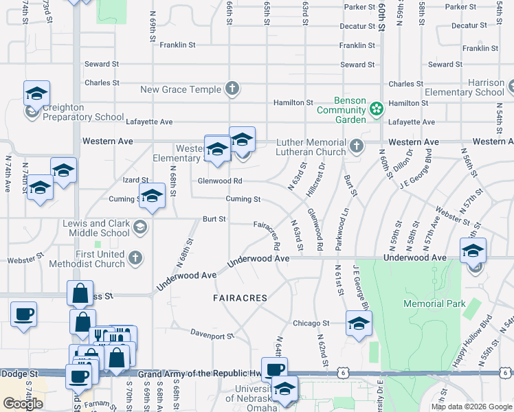map of restaurants, bars, coffee shops, grocery stores, and more near 6468 Cuming Street in Omaha