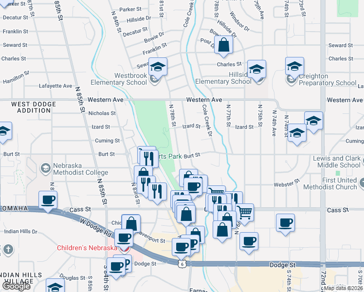 map of restaurants, bars, coffee shops, grocery stores, and more near 826 North 77th Avenue in Omaha