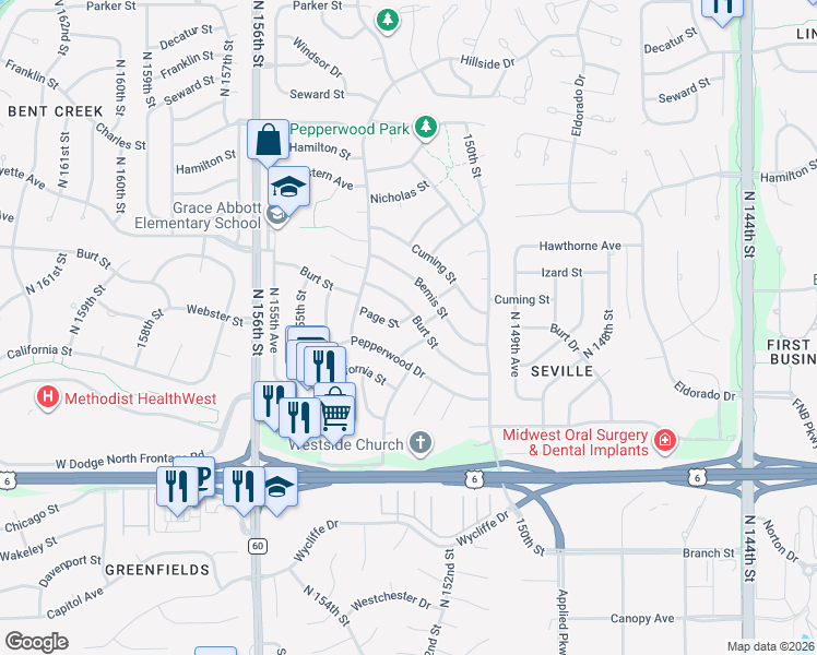 map of restaurants, bars, coffee shops, grocery stores, and more near 15268 Burt Street in Omaha
