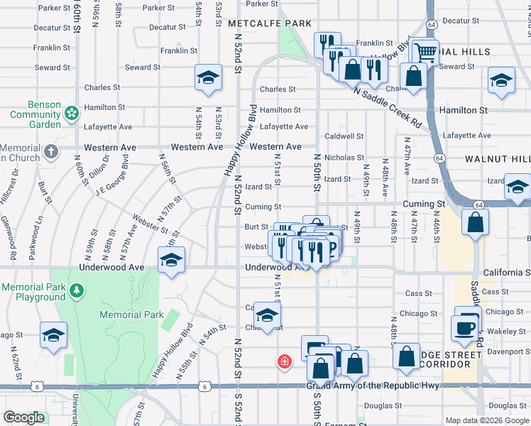 map of restaurants, bars, coffee shops, grocery stores, and more near 5114 Cuming Street in Omaha