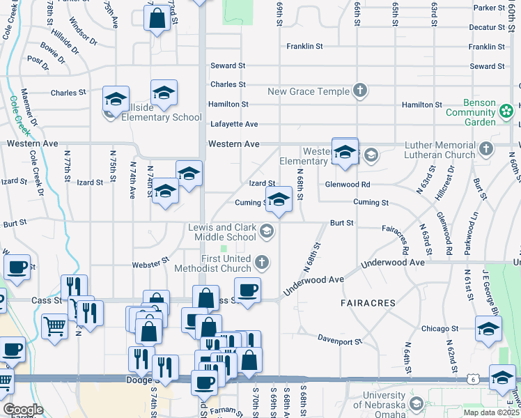 map of restaurants, bars, coffee shops, grocery stores, and more near 6946 Cuming Street in Omaha