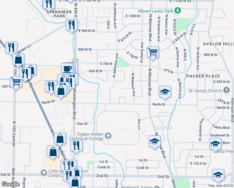 map of restaurants, bars, coffee shops, grocery stores, and more near 453 Cattail Drive in Ogden