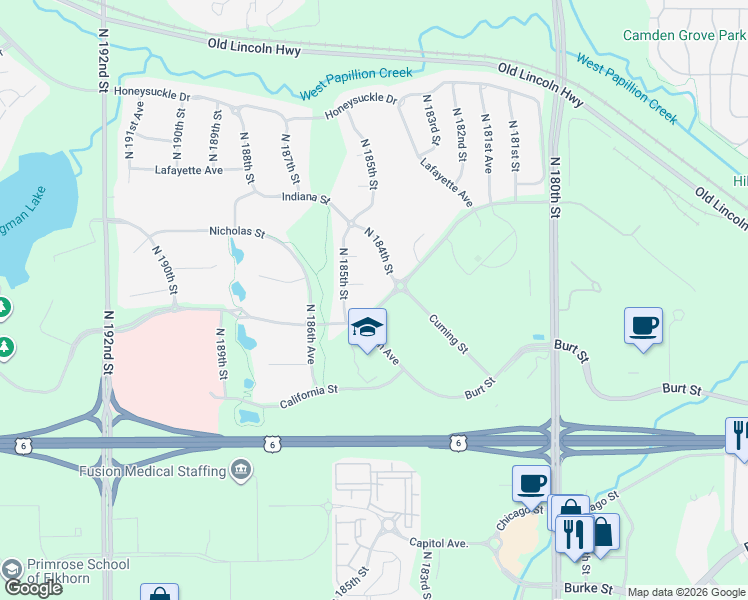 map of restaurants, bars, coffee shops, grocery stores, and more near 18401 Cuming Circle in Omaha