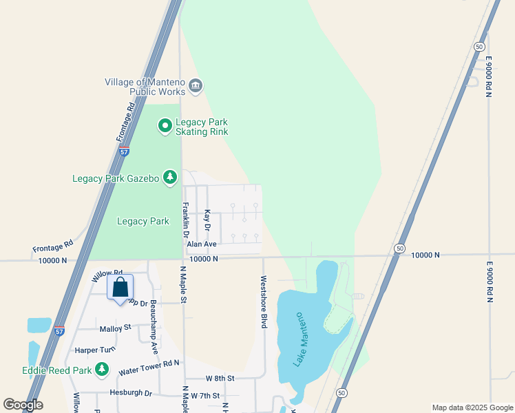 map of restaurants, bars, coffee shops, grocery stores, and more near 163 Jaclyn Court in Manteno
