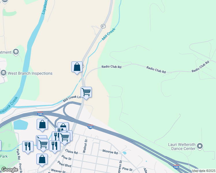map of restaurants, bars, coffee shops, grocery stores, and more near 998 Rakestraw Road in Montoursville