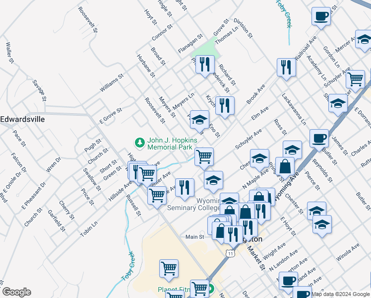 map of restaurants, bars, coffee shops, grocery stores, and more near 15 Roosevelt Street in Edwardsville