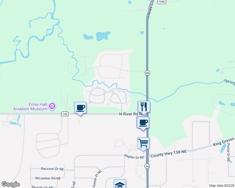 map of restaurants, bars, coffee shops, grocery stores, and more near 132-2 Springbrook Drive Northeast in Warren