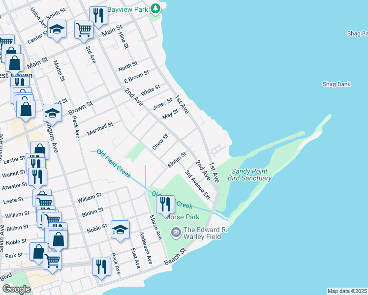 map of restaurants, bars, coffee shops, grocery stores, and more near 153 2nd Avenue in West Haven